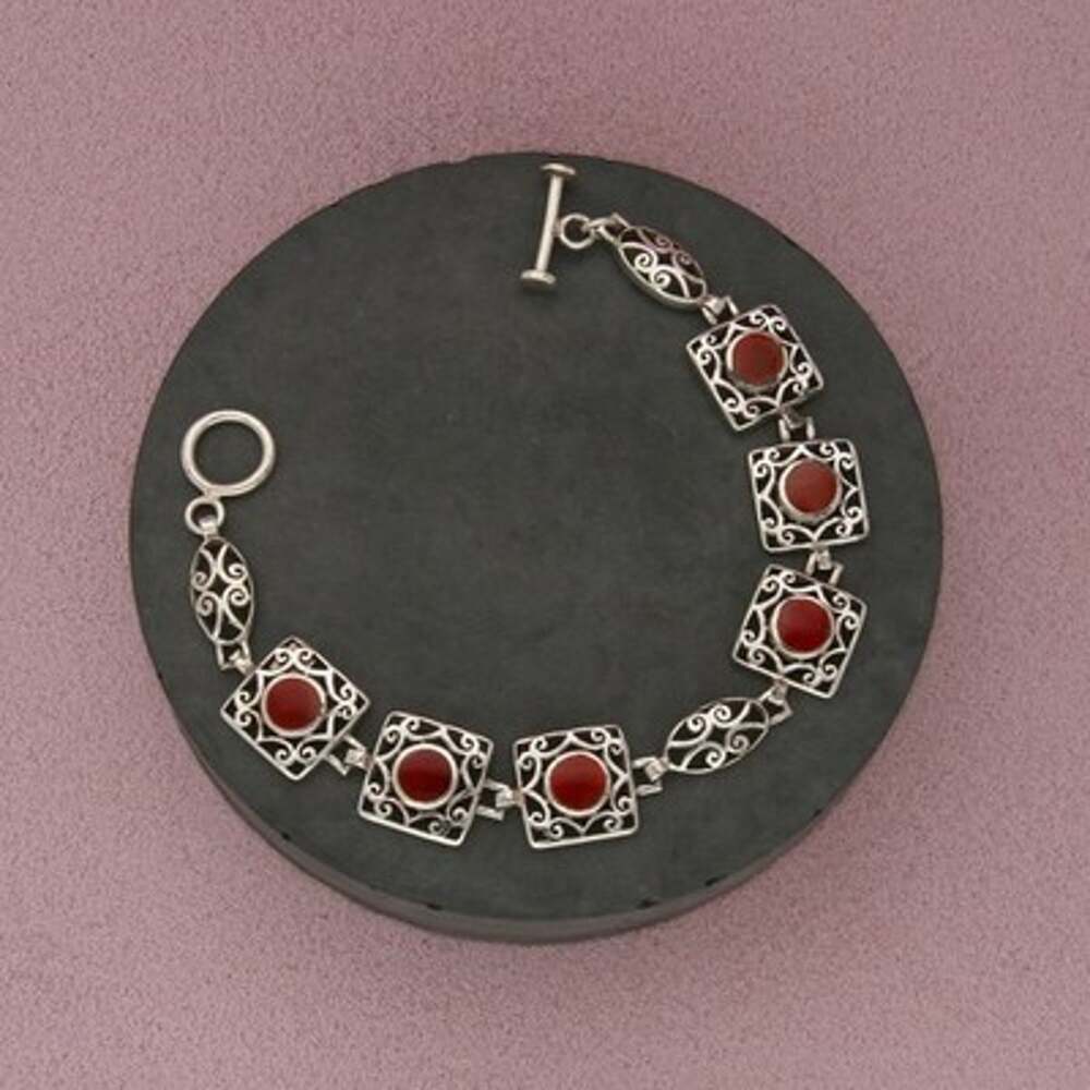 Sterling Silver Carnelian Openwork Scroll Toggle Panel Bracelet Size 6.75in